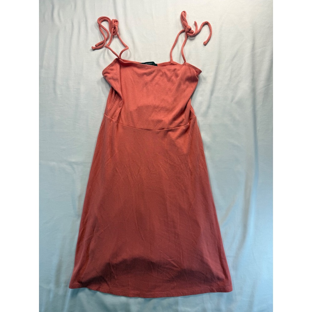 Forever 21 Women Small Coral Pink Ribbed Knit Tie Shoulder Mini Dress Sleeveless